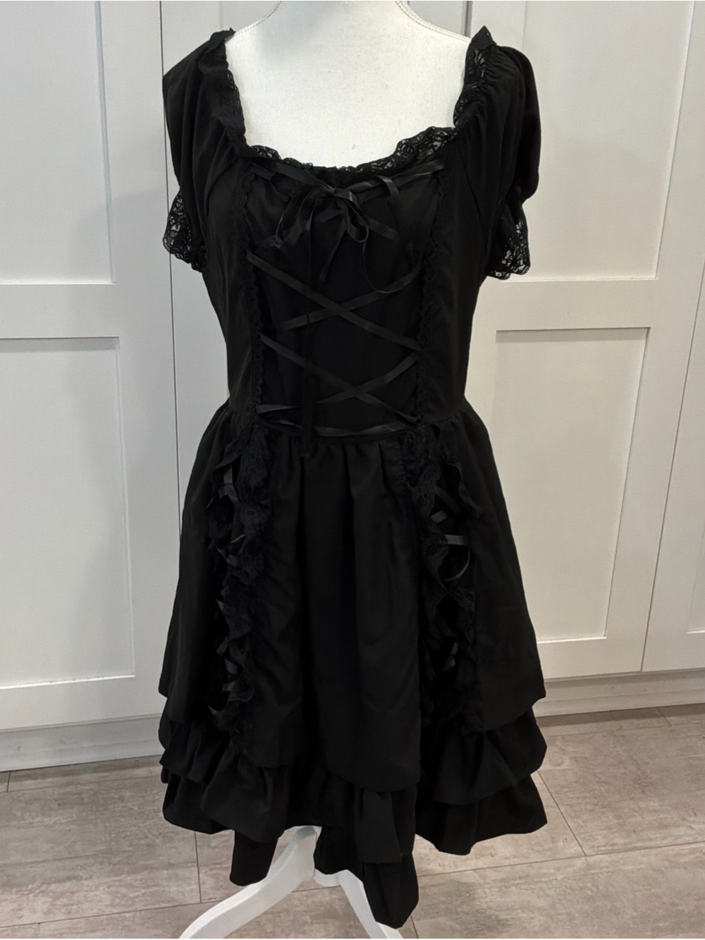 Goth Lolita Dress Cosplay Halloween Gothic Black Fabric Bow Tie Size M